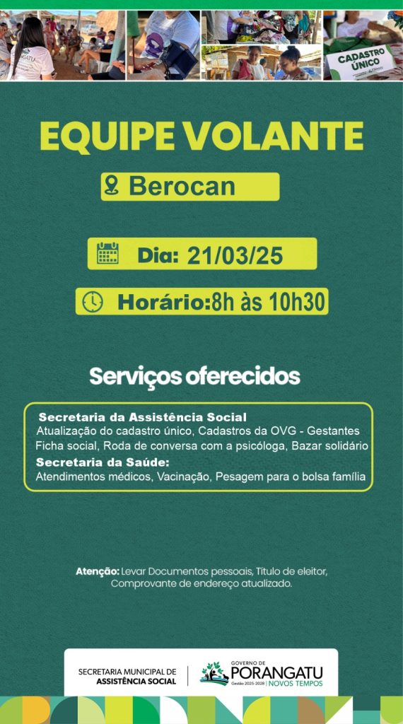 EQUIPE CRAS VOLANTE LEVARÁ SERVIÇOS DE ASSISTÊNCIA SOCIAL E SAÚDE PARA A COMUNIDADE BEROCAN