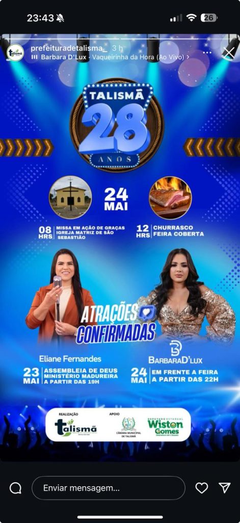 Alegando dívidas e falta de recursos, Prefeitura de Talismã anuncia programação modesta para os 28 anos de emancipação política