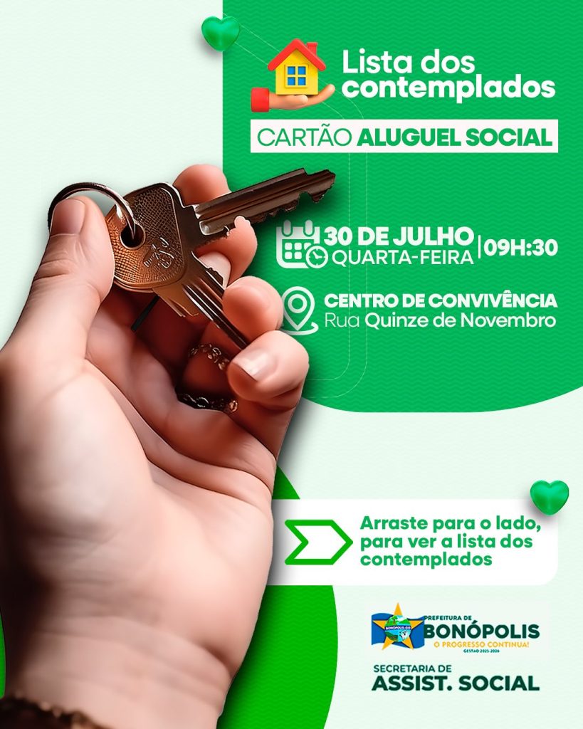 Prefeitura de Bonópolis divulga lista de beneficiários do Cartão Aluguel Social; entrega será nesta quarta-feira