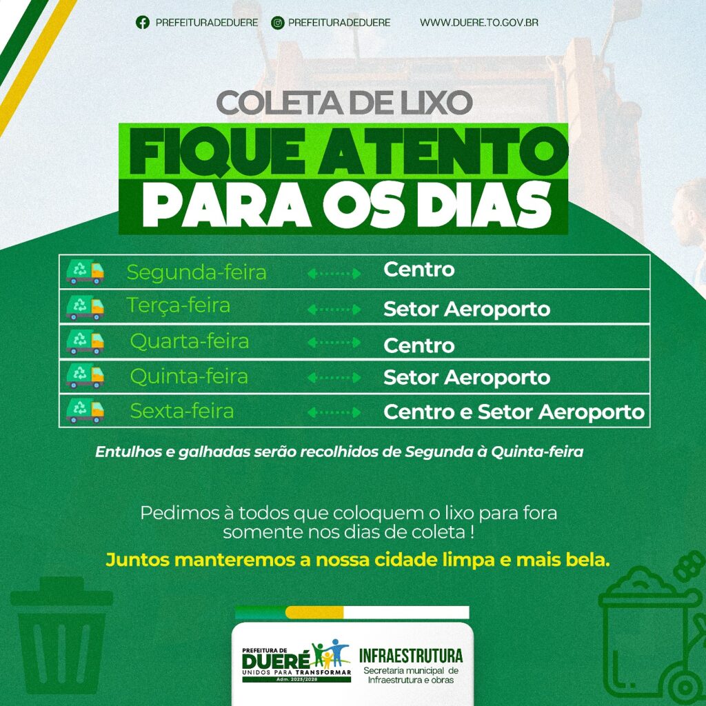 Prefeitura de Dueré organiza calendário de coleta de lixo