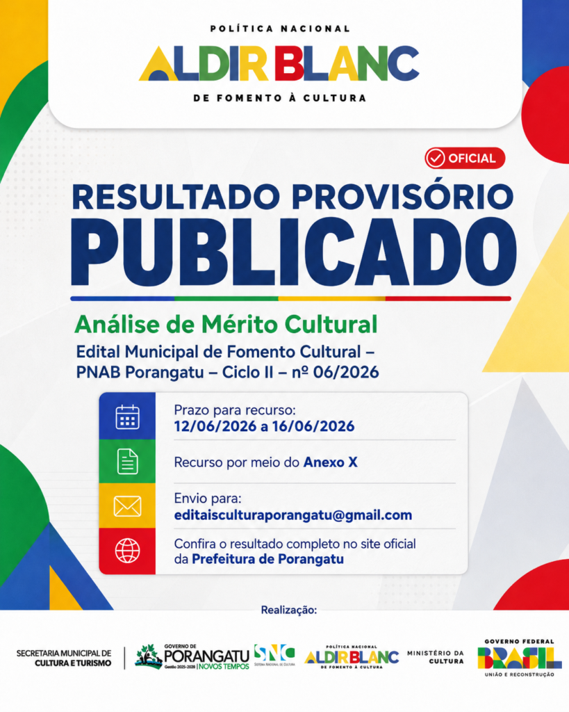 Resultado provisório da análise de mérito cultural do Edital Municipal de Fomento Cultural – PNAB Porangatu – Ciclo II – nº 06/2026